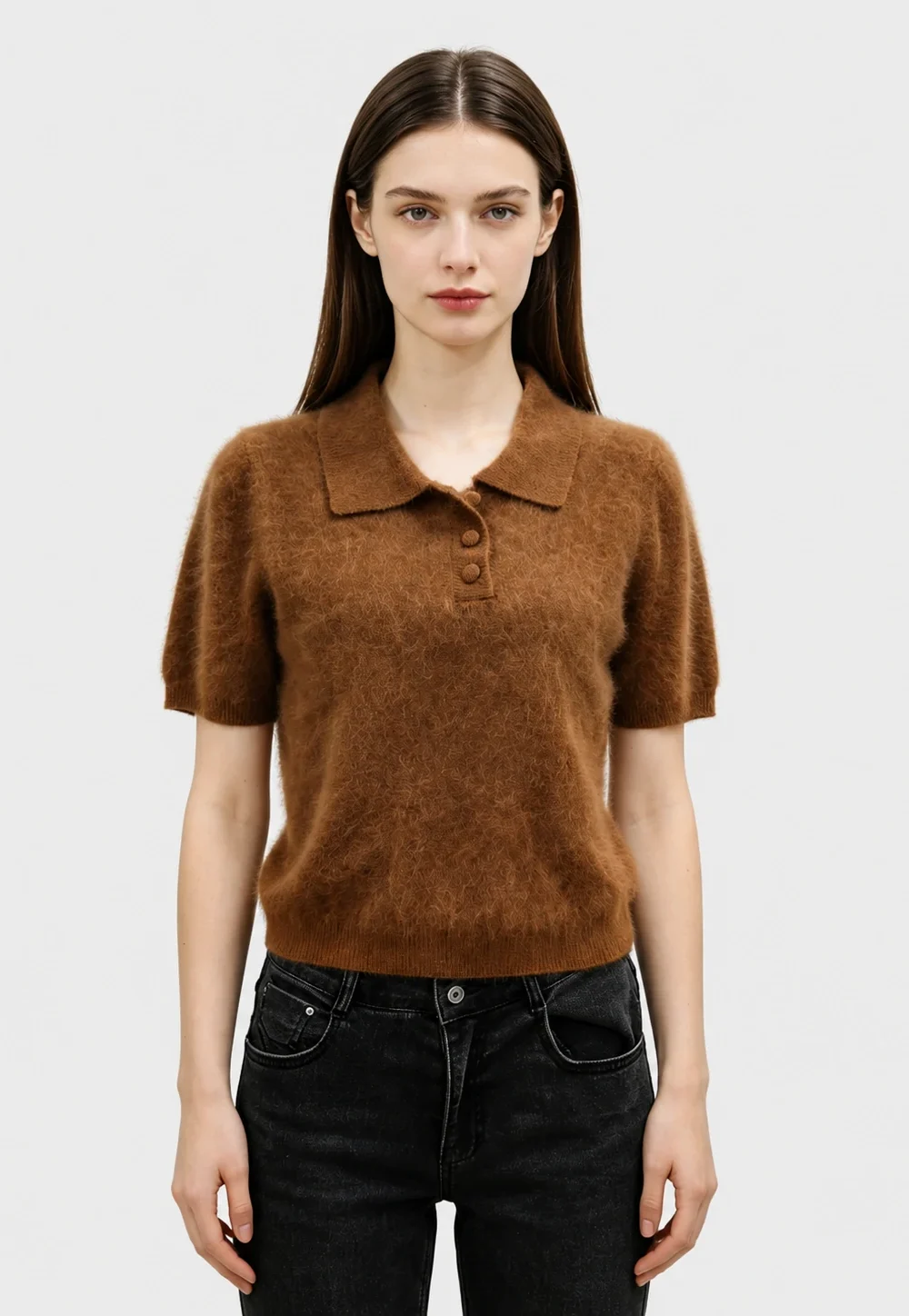 Cashmere-Wool Blend Brushed Polo Top
