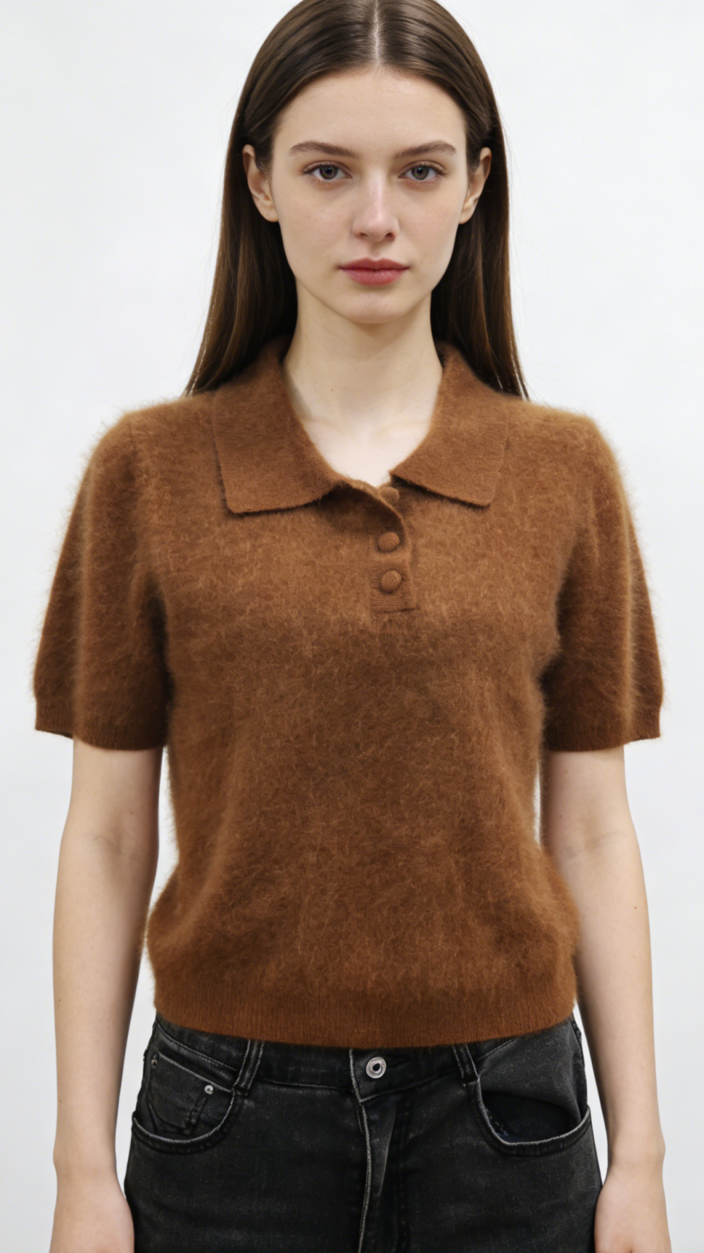 Cashmere-Wool Blend Brushed Polo Top