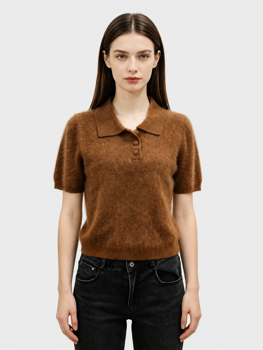 Cashmere-Wool Blend Brushed Polo Top 1 Cashmere-Wool Blend Brushed Polo Top