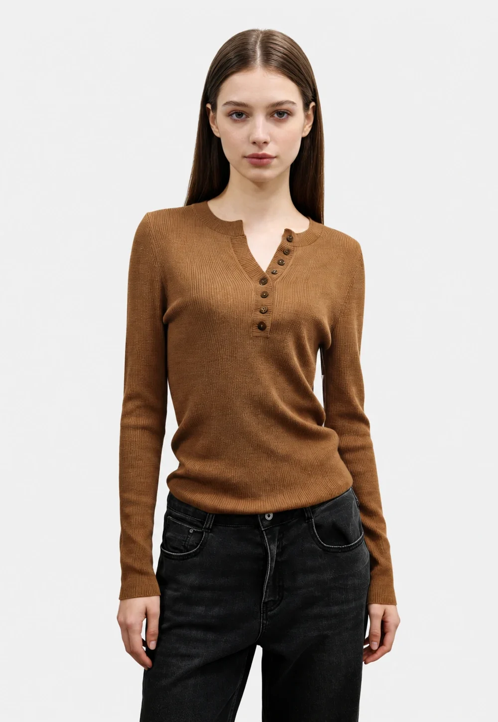 Wool Blend Ribbed Henley Top