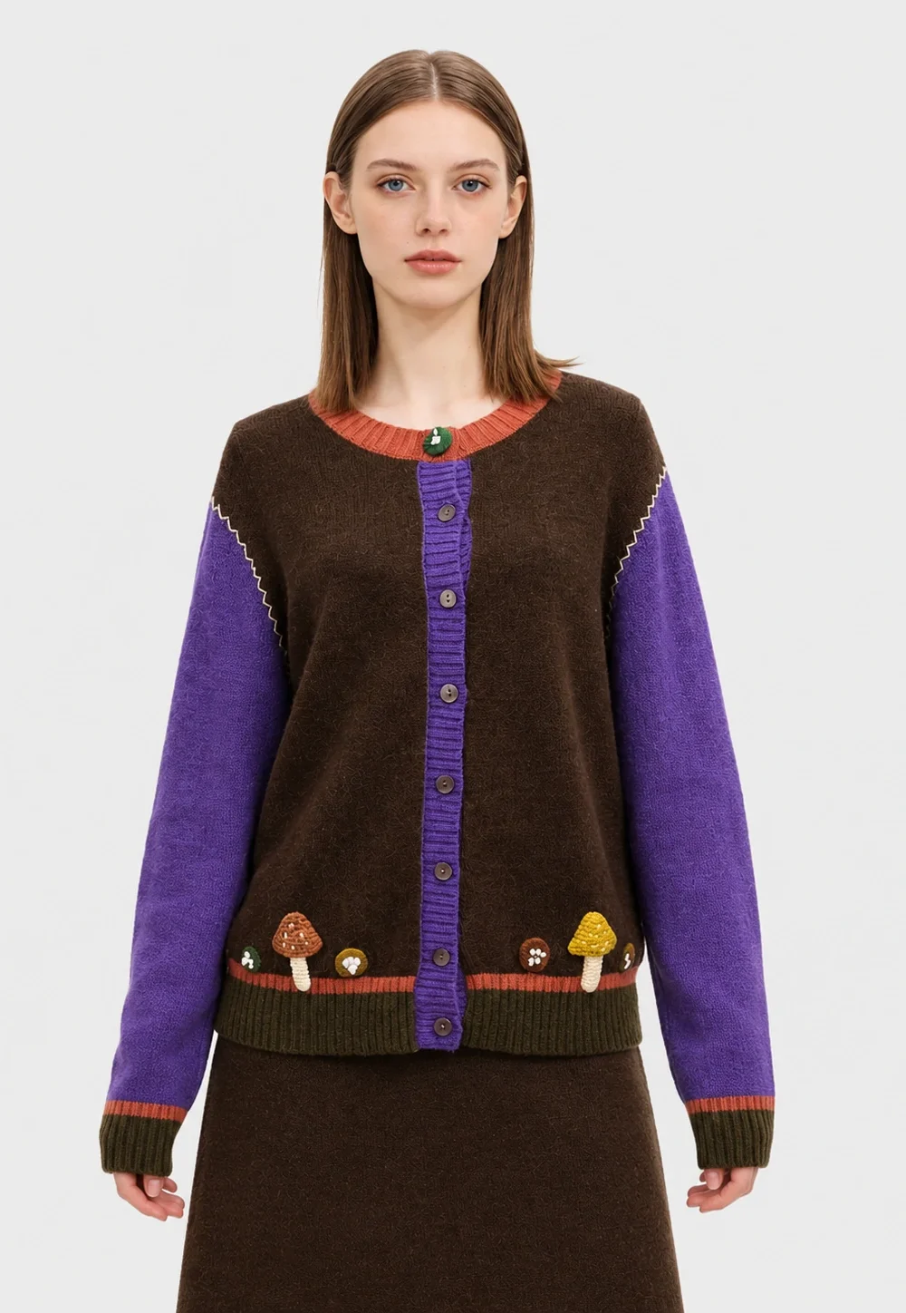 Mushroom Applique Color-Block Alpaca Wool Cardigan