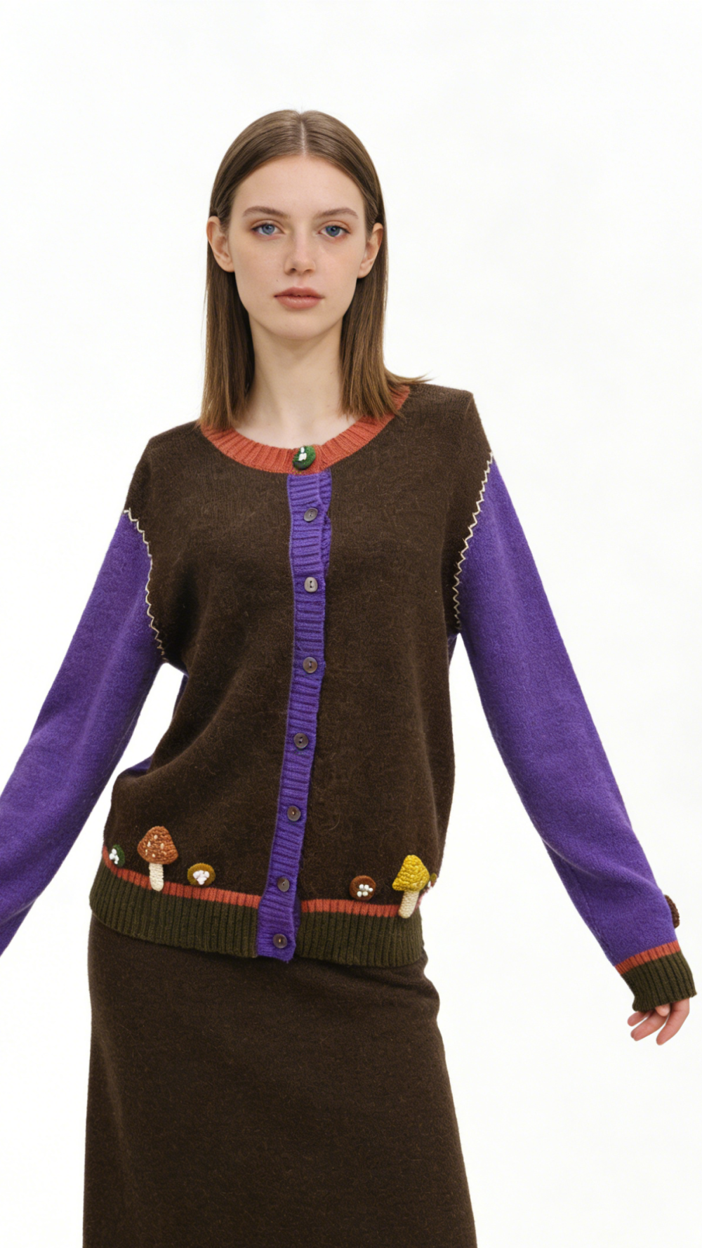 Mushroom Applique Color-Block Alpaca Wool Cardigan
