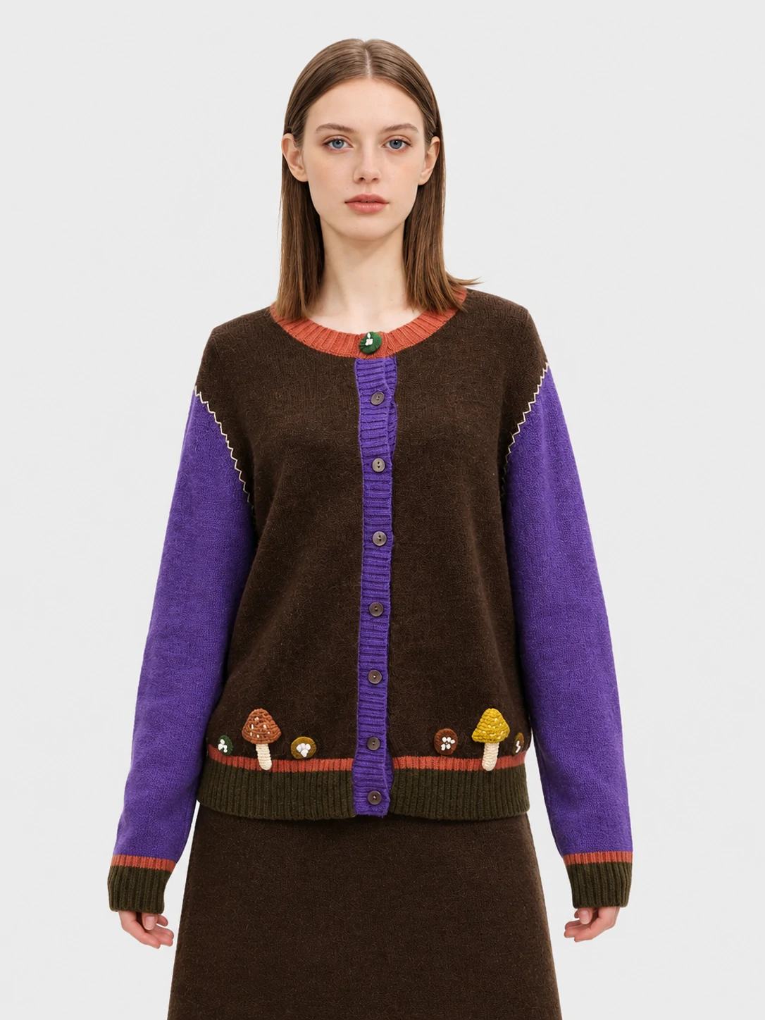Mushroom Applique Color-Block Alpaca Wool Cardigan 1 Mushroom Applique Color-Block Alpaca Wool Cardigan
