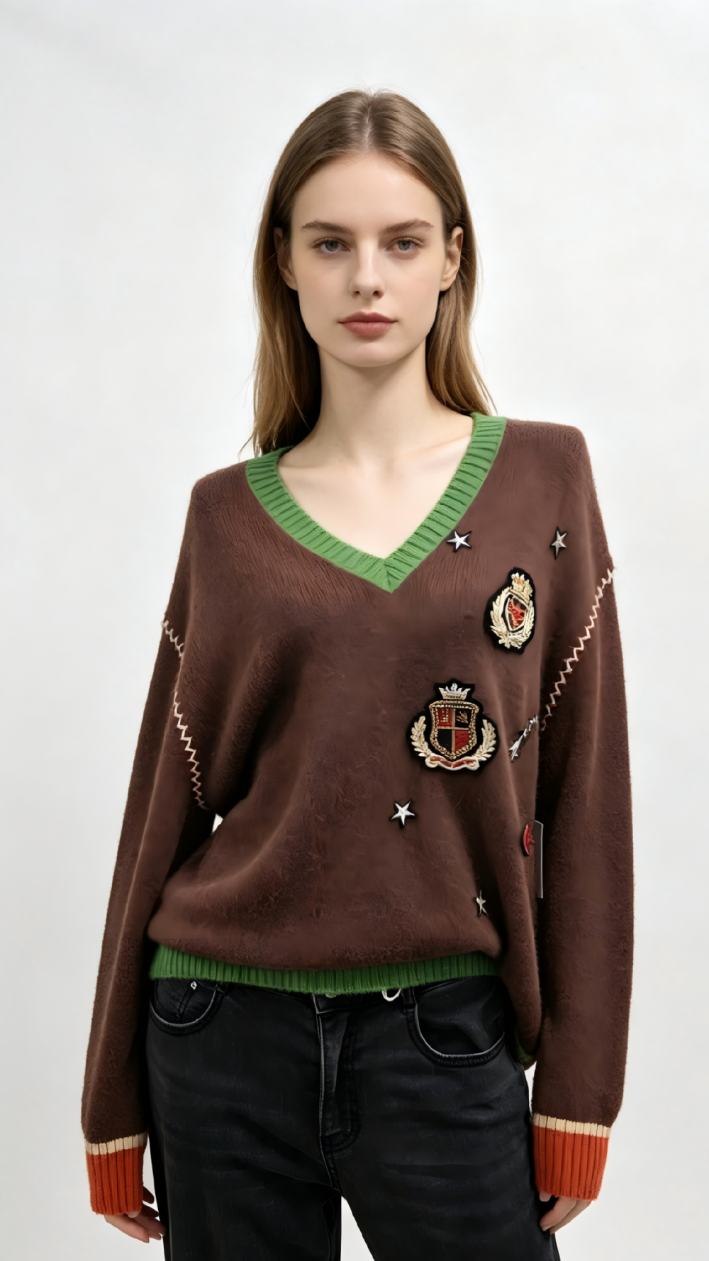Preppy Crest Patch V-Neck Sweater