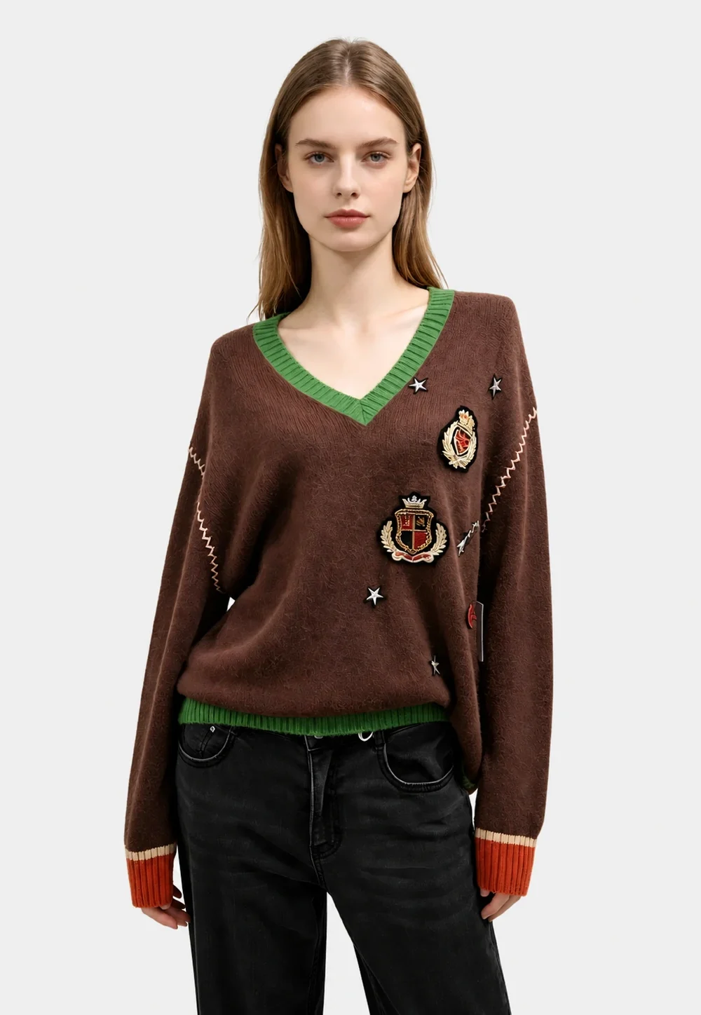 Preppy Crest Patch V-Neck Sweater