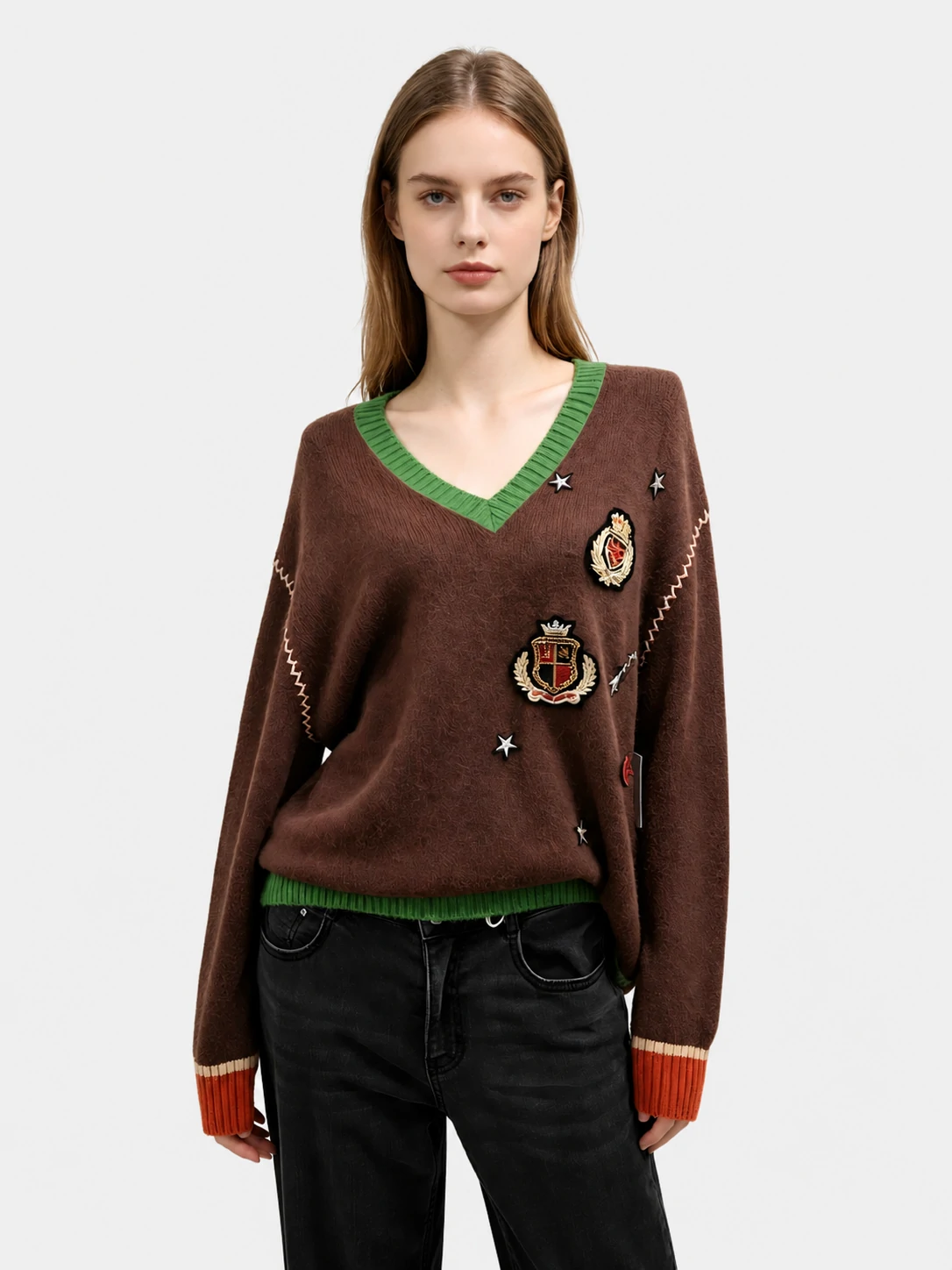 Preppy Crest Patch V-Neck Sweater 1 Preppy Crest Patch V-Neck Sweater