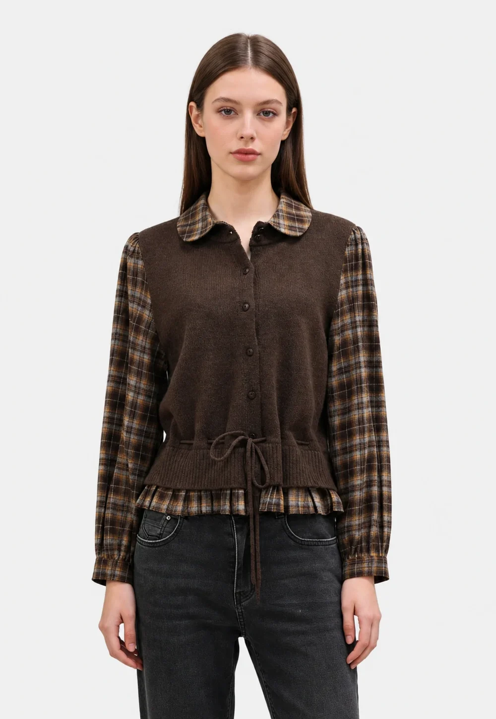 Plaid Sleeve Knit Vest Layered Top