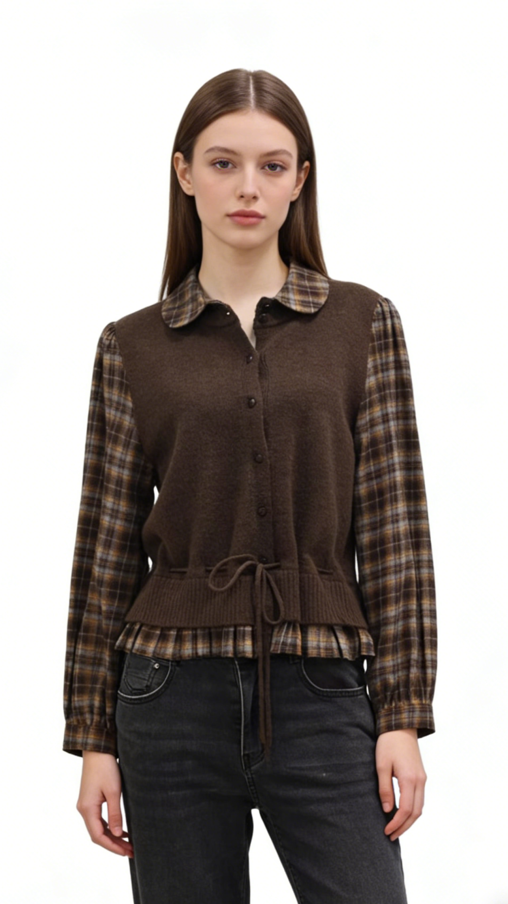 Plaid Sleeve Knit Vest Layered Top