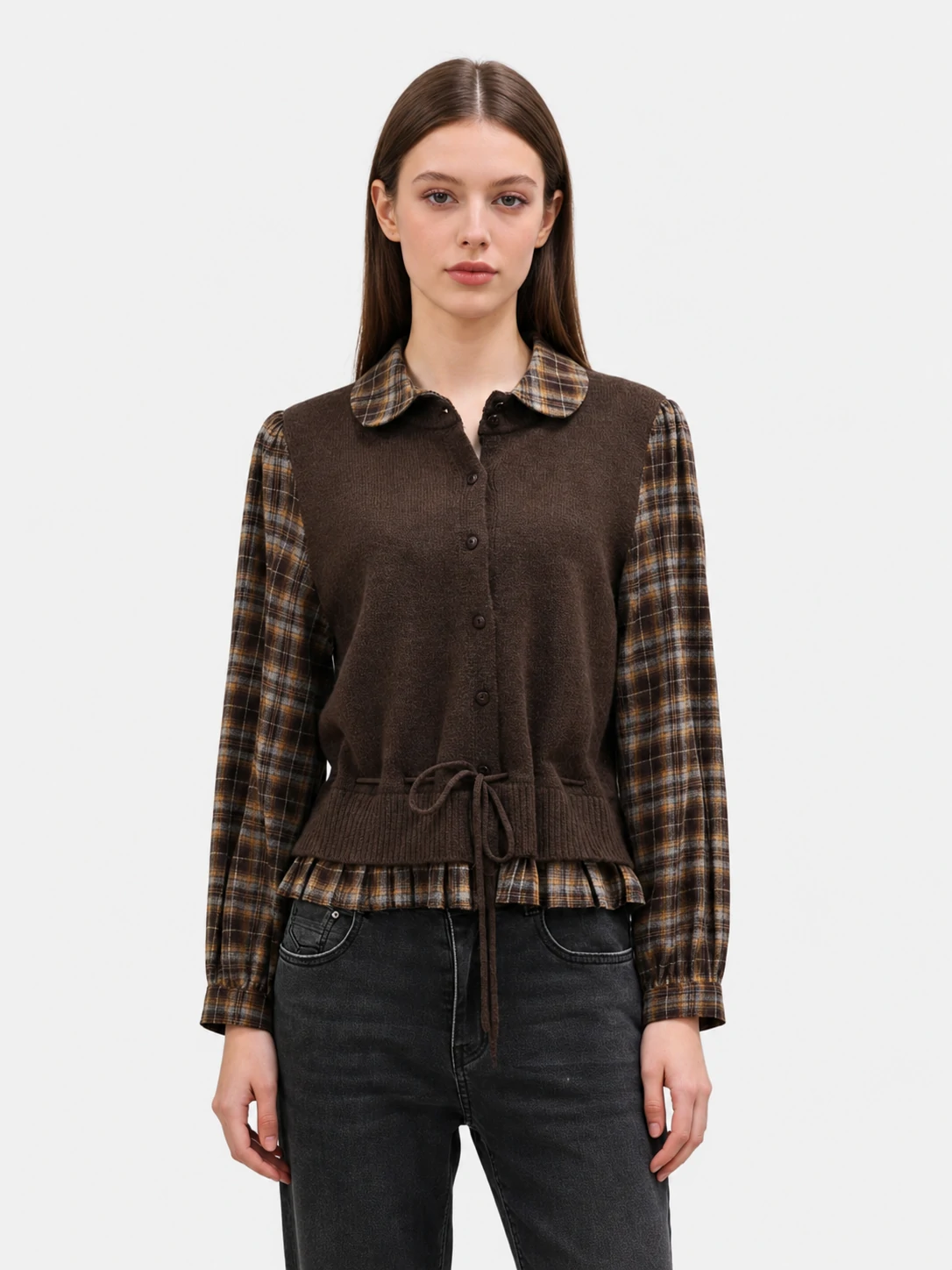 Plaid Sleeve Knit Vest Layered Top 1 Plaid Sleeve Knit Vest Layered Top