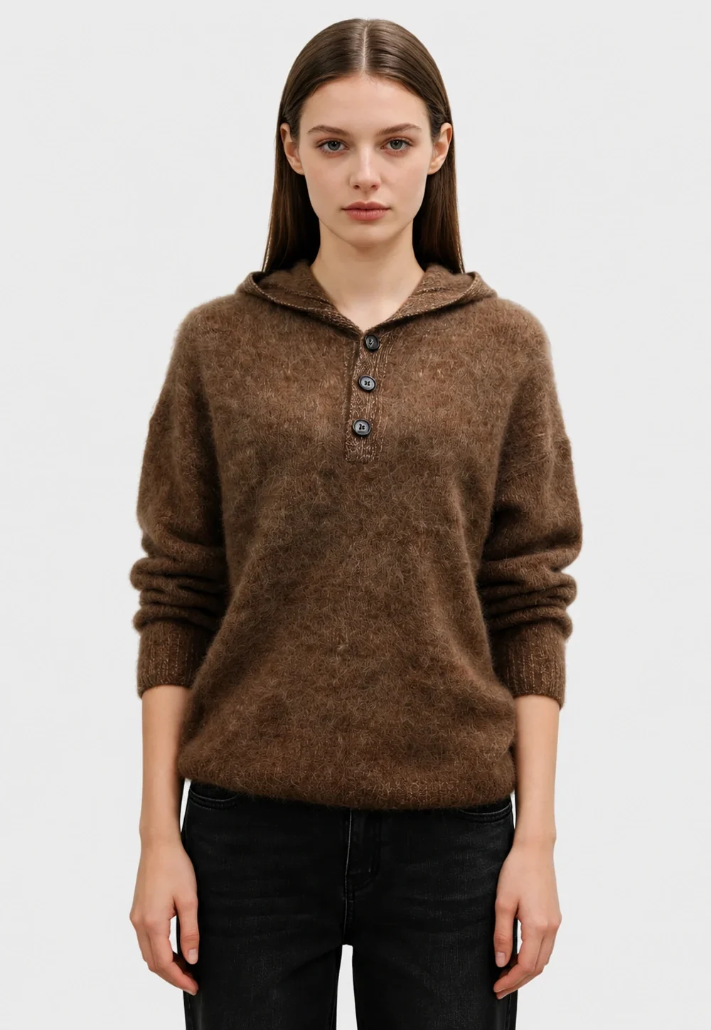 100% Brushed Wool Hooded Henley Sweater