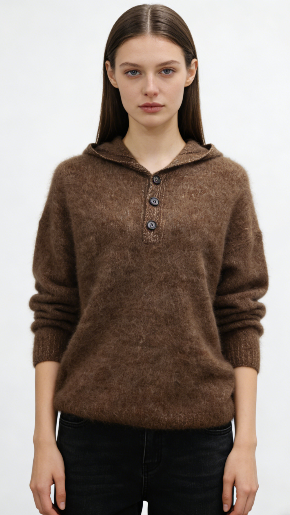 100% Brushed Wool Hooded Henley Sweater