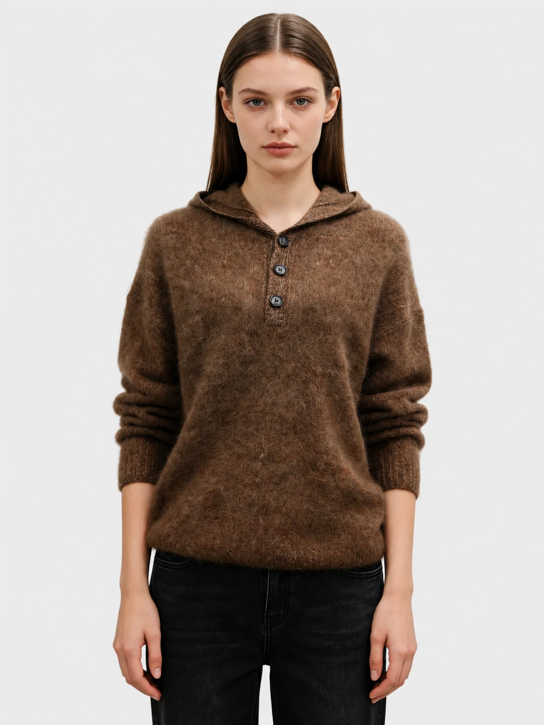 100% Brushed Wool Hooded Henley Sweater 1 100% Brushed Wool Hooded Henley Sweater