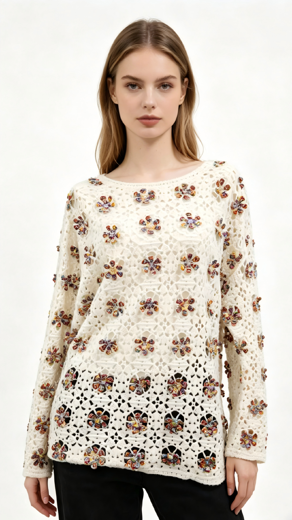 100%Cashmere Feel Simulated Crochet Floral Sweater