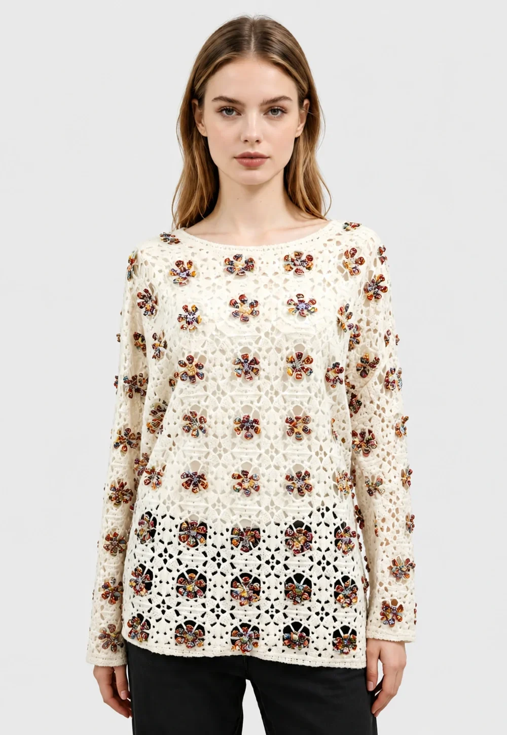 100%Cashmere Feel Simulated Crochet Floral Sweater