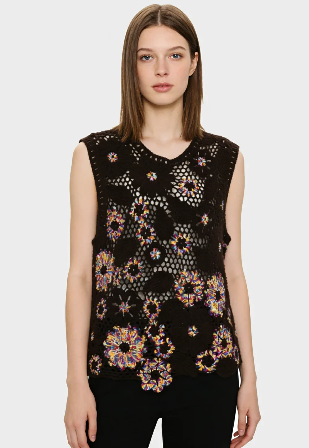 Luxury 100%Cashmere Openwork Floral Vest