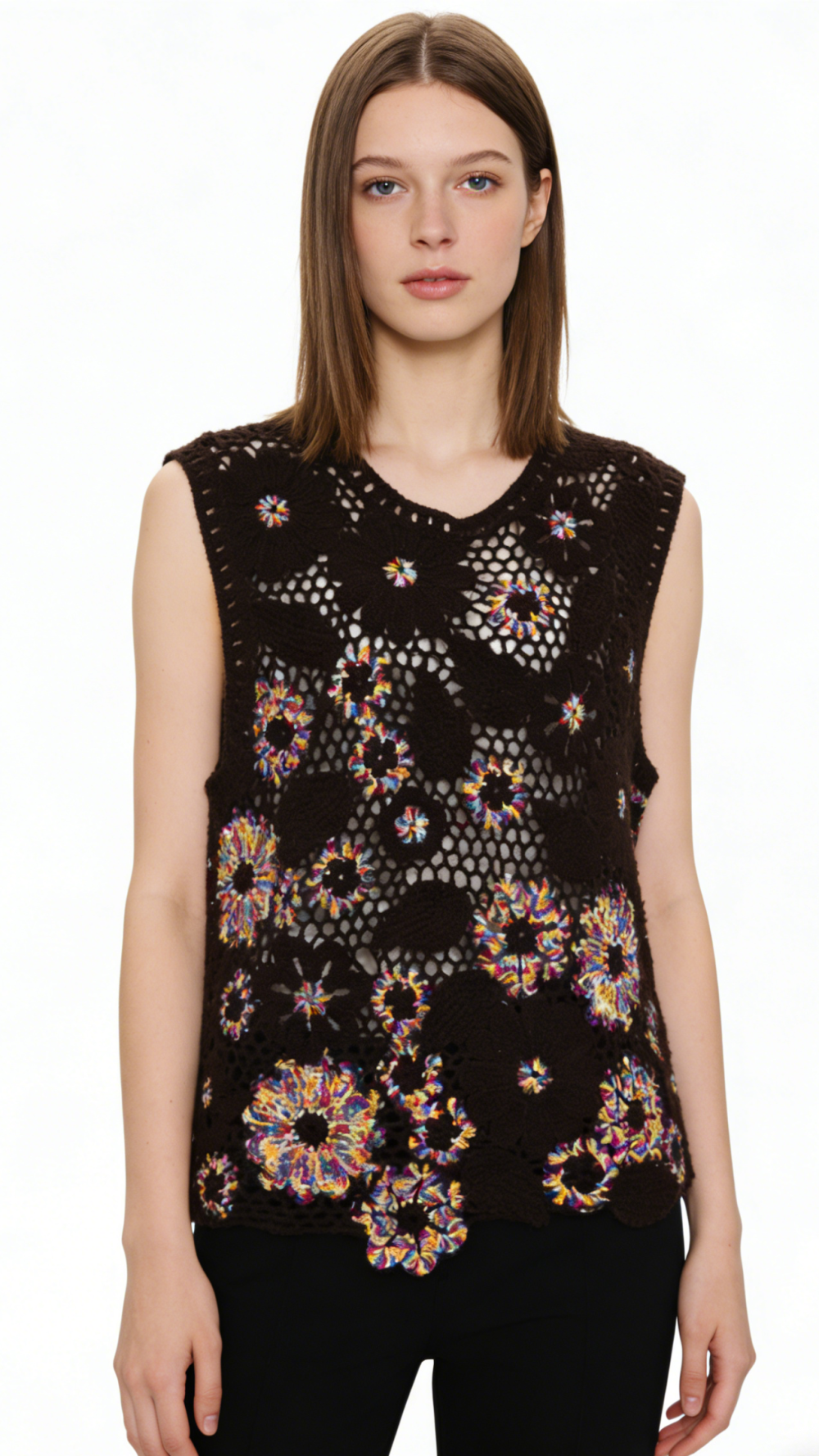 Luxury 100%Cashmere Openwork Floral Vest