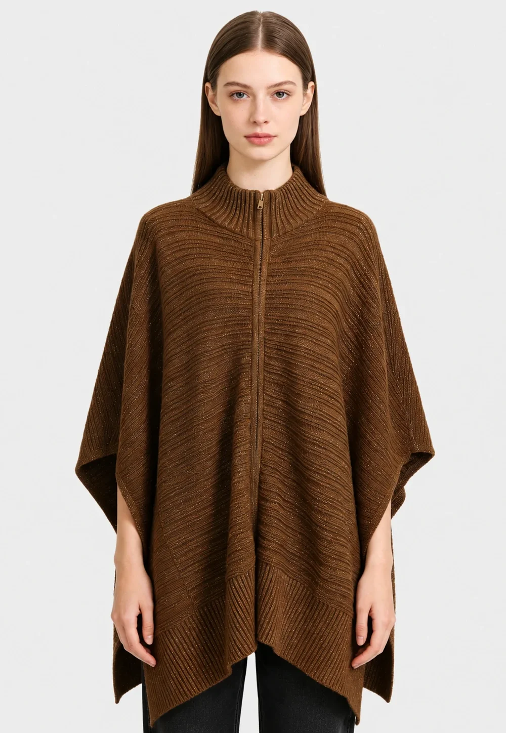 Metallic Knit Zip Poncho