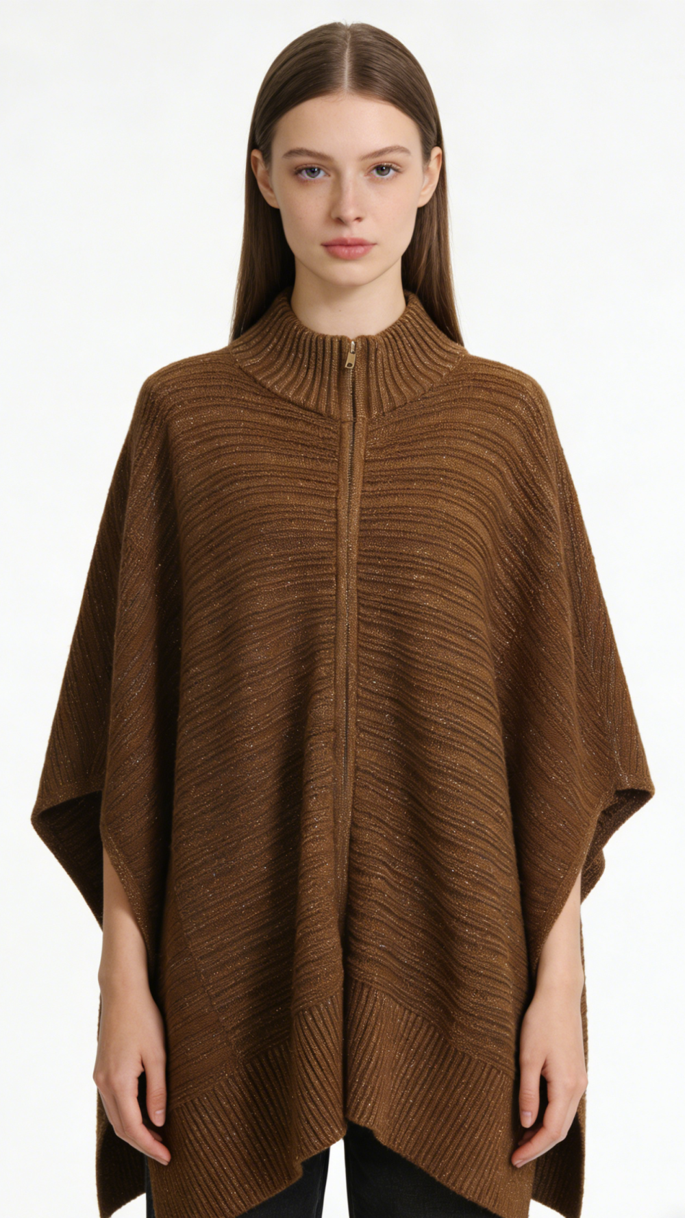 Metallic Knit Zip Poncho