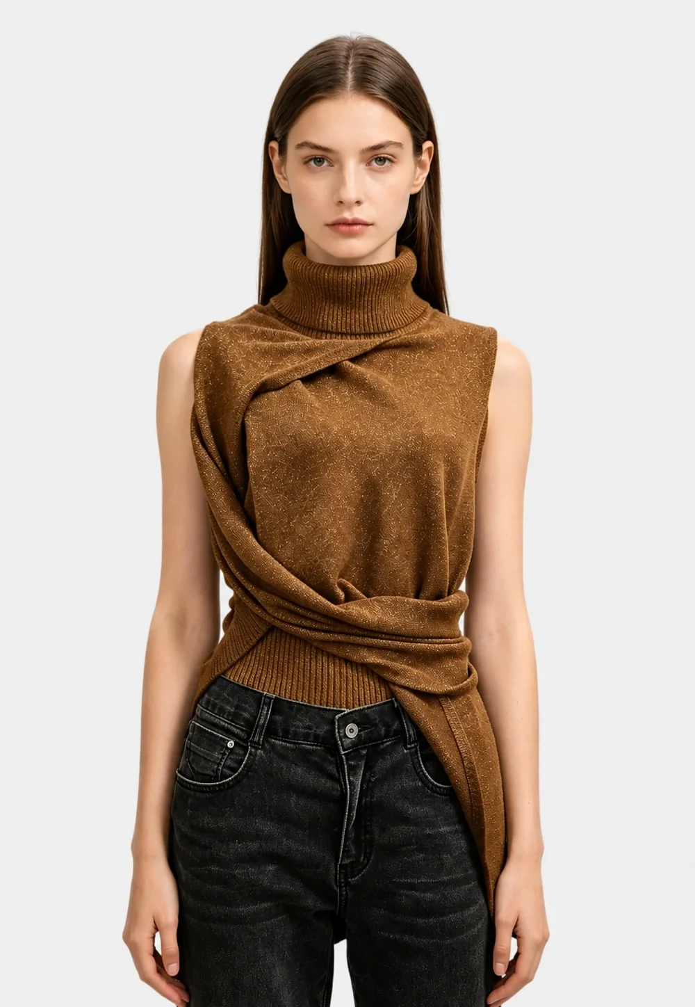 Lurex Knit Draped Turtleneck Top