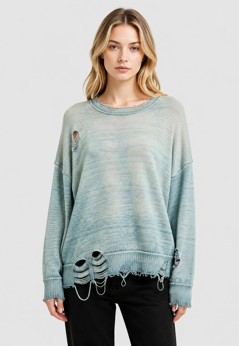 Distressed Light Blue Cotton Knit Sweater