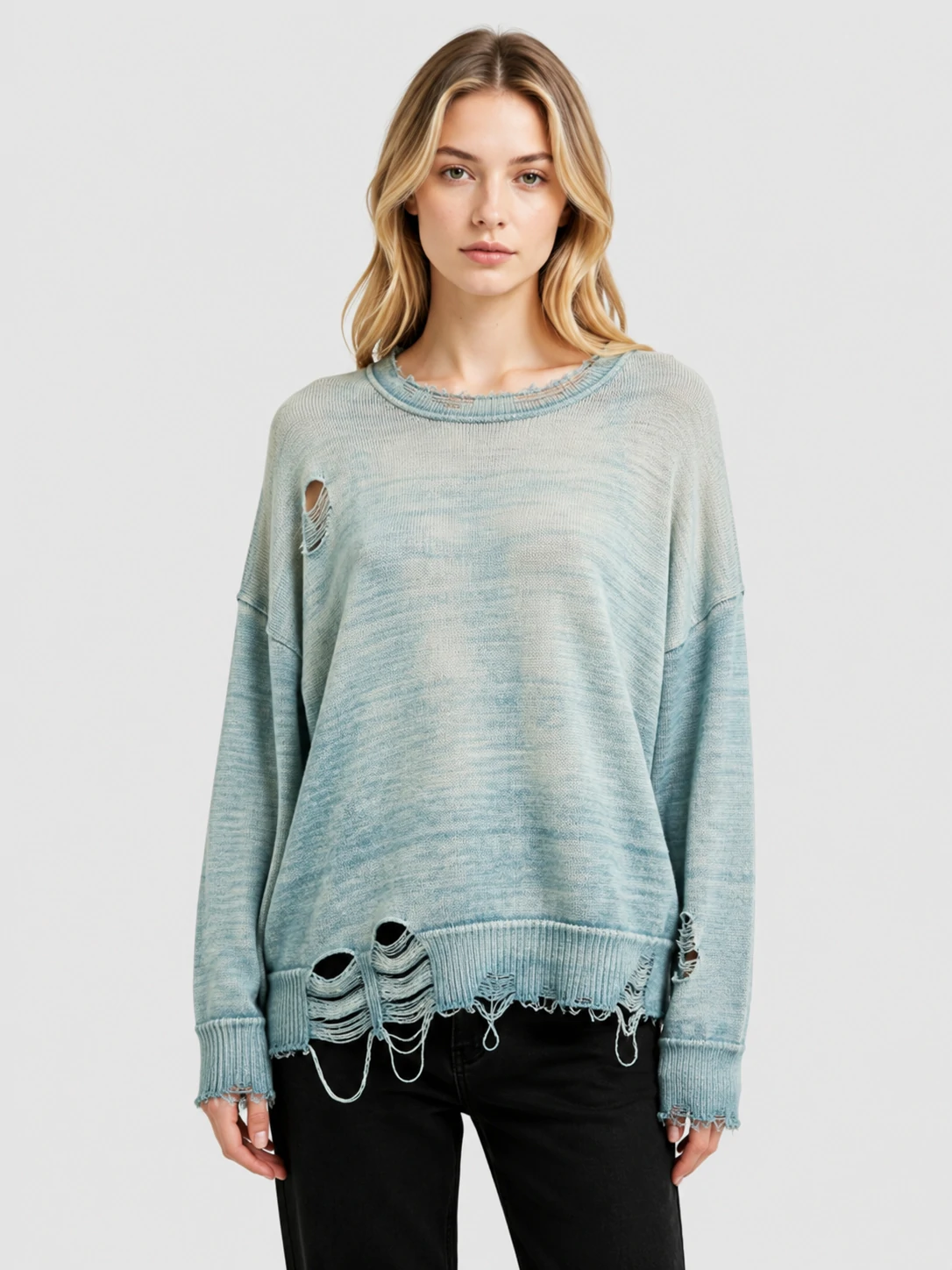 Distressed Light Blue Cotton Knit Sweater 1 Distressed Light Blue Cotton Knit Sweater