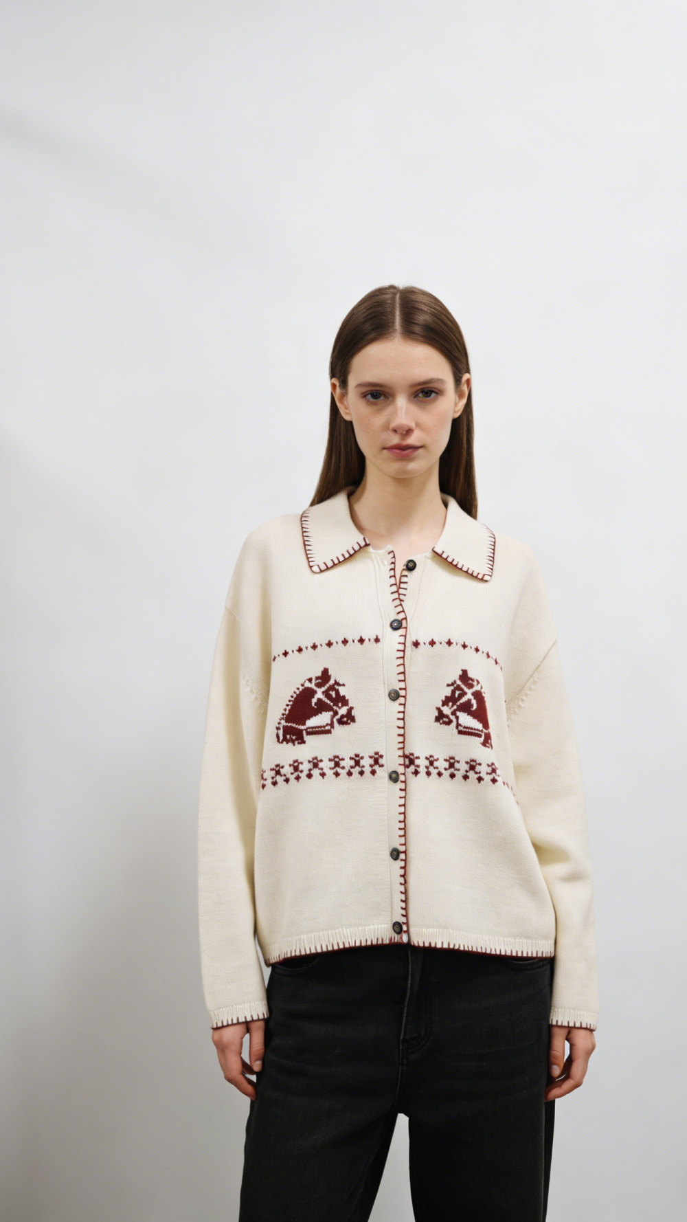 Vintage Horse Intarsia Collared Cardigan