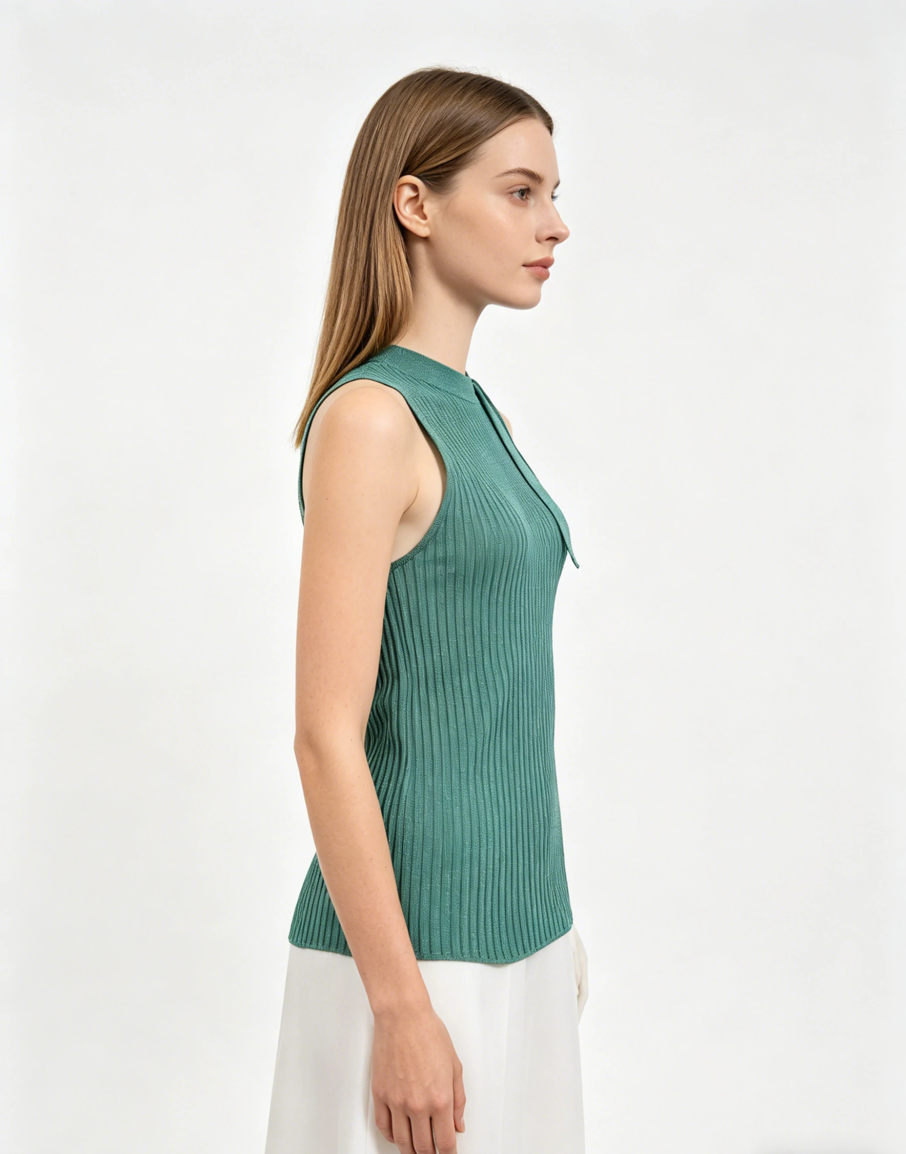 Teal Lurex Ribbed Halter Neck Tie Detail Knit Top 2 Teal Lurex Ribbed Halter Neck Tie Detail Knit Top - Image 2