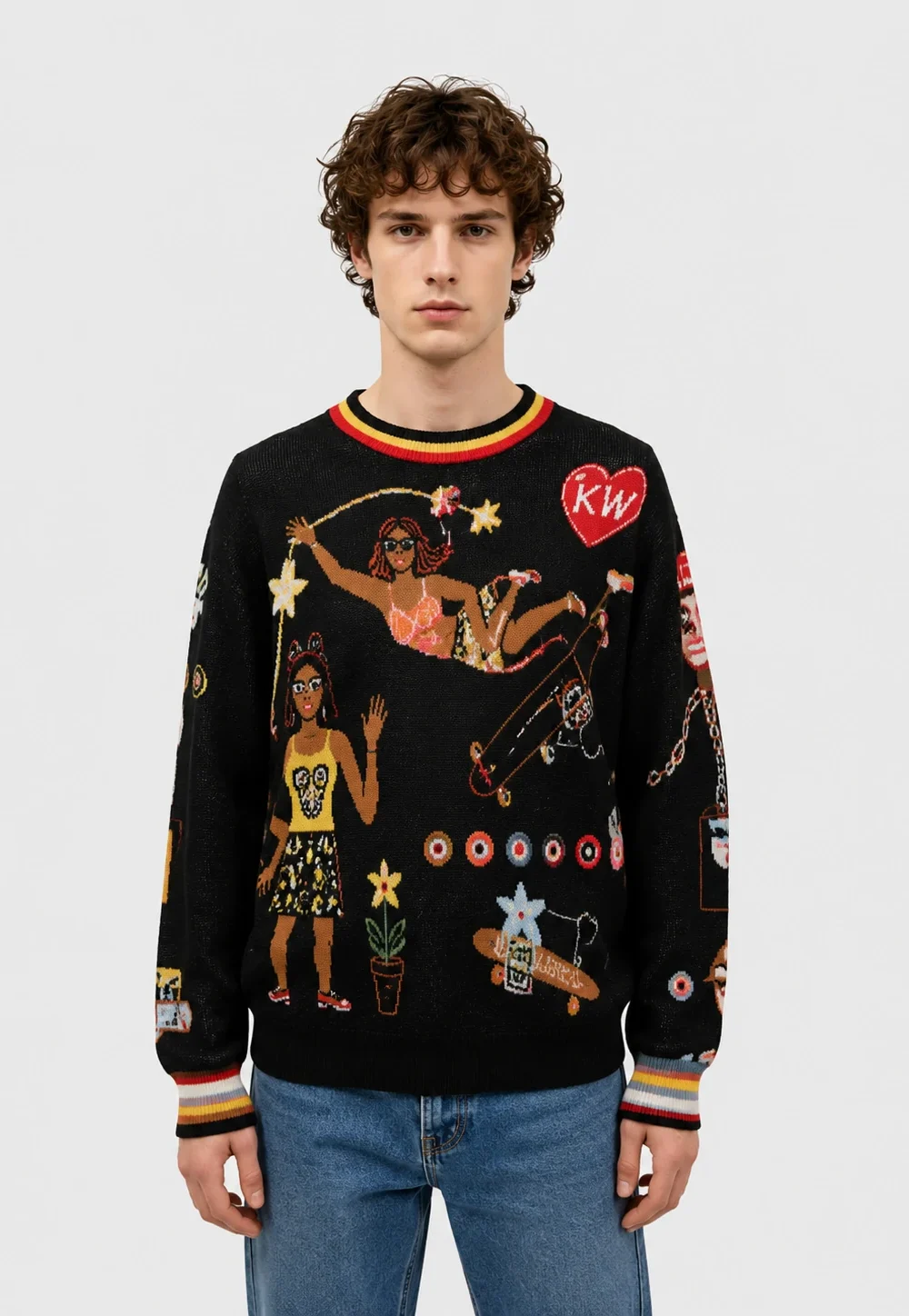 Black Cartoon Graphic Jacquard Knit Sweater