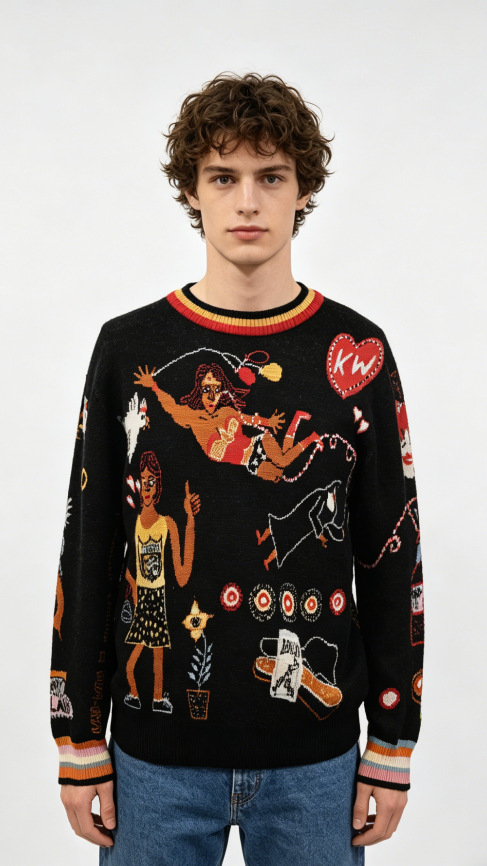 Black Cartoon Graphic Intarsia Knit Sweater