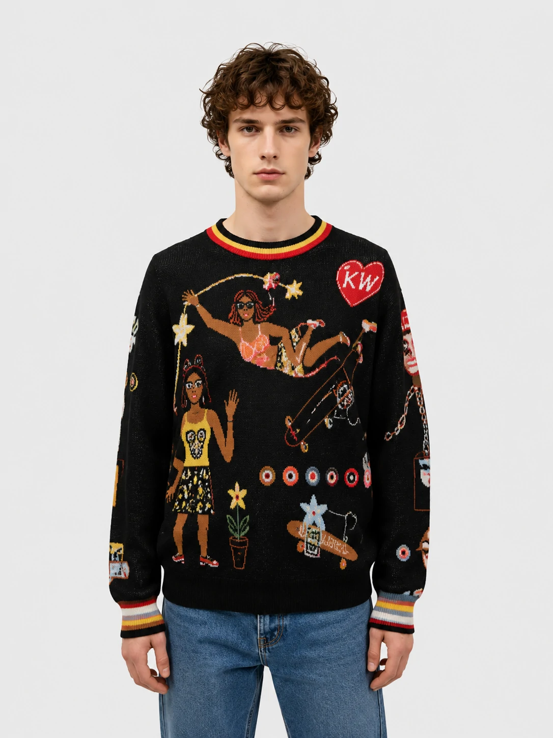 Black Cartoon Graphic Jacquard Knit Sweater 1 Black Cartoon Graphic Jacquard Knit Sweater