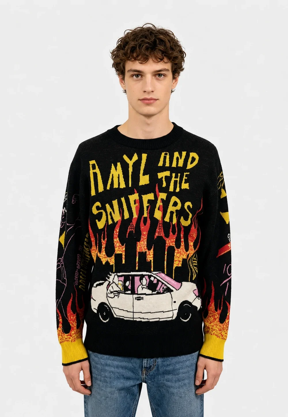 Amyl and the Sniffers Band Graphic Knit Sweater