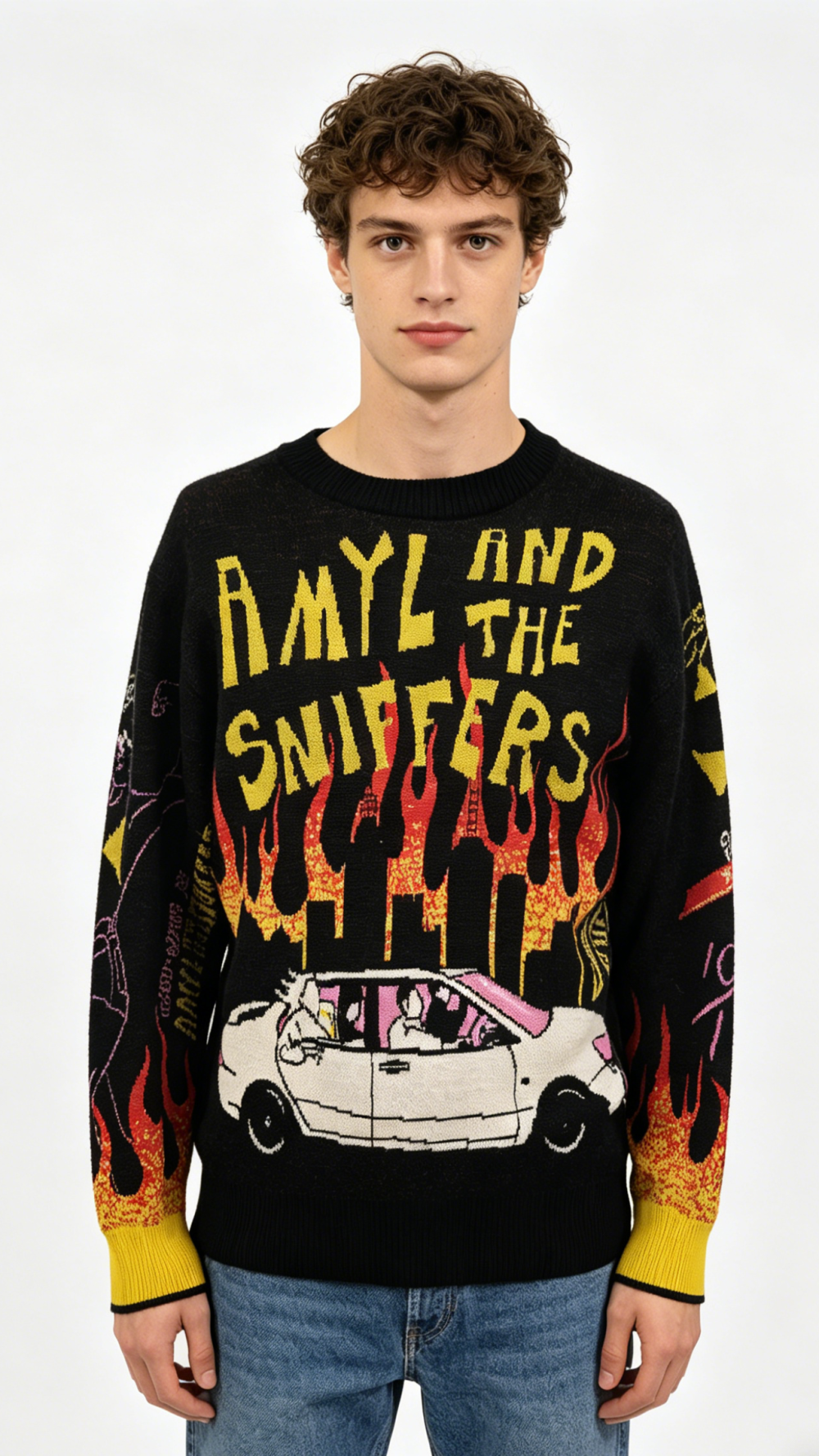 Amyl and the Sniffers Band Graphic Knit Sweater