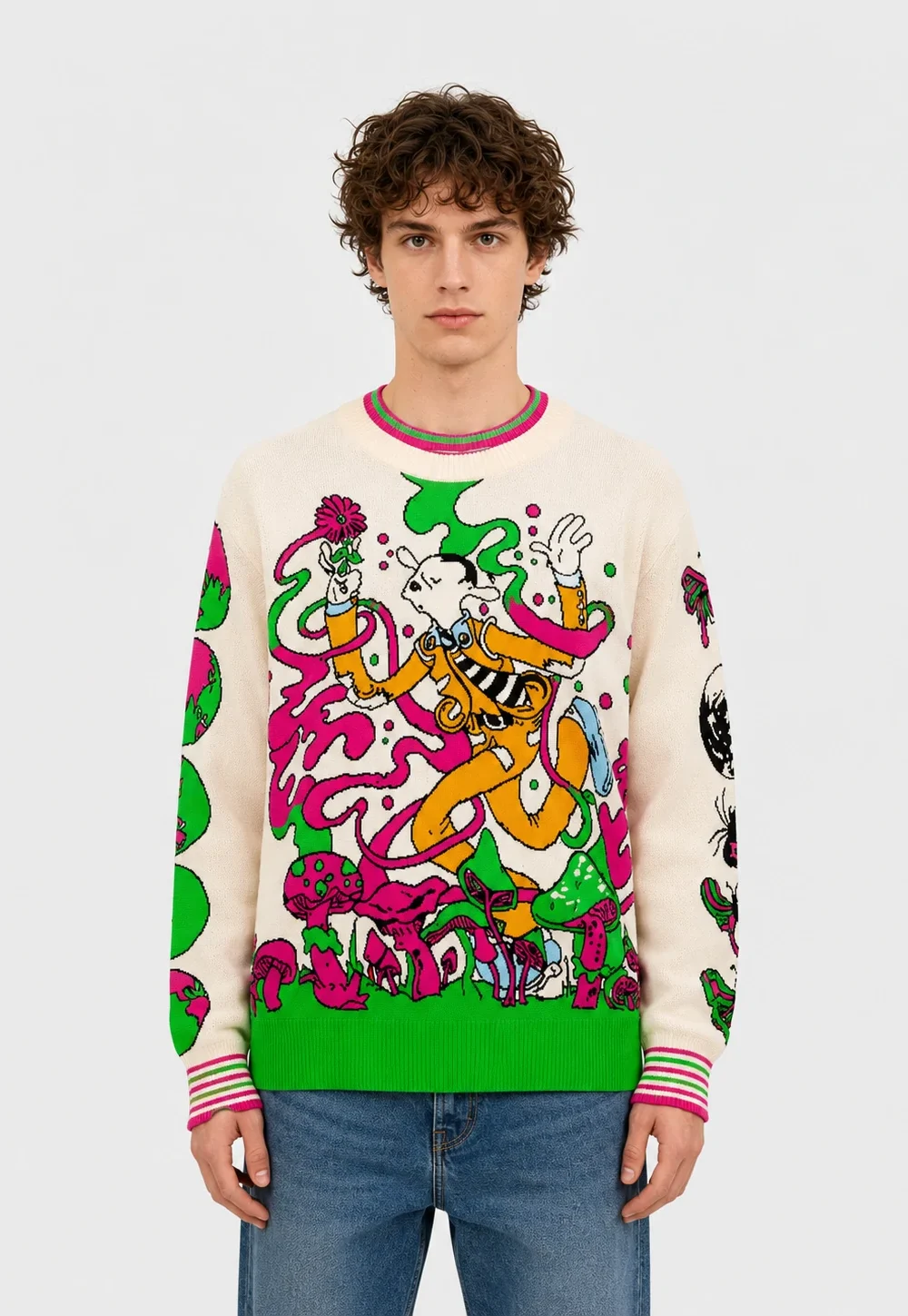 Whimsical Mushroom Cartoon Graphic Knit Sweater