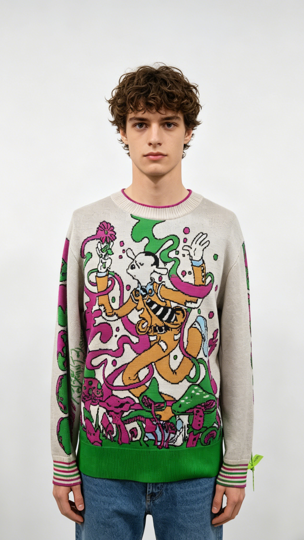 Whimsical Mushroom Cartoon Graphic Knit Sweater