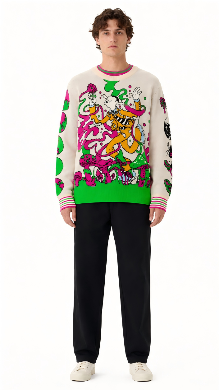 Whimsical Mushroom Cartoon Graphic Knit Sweater