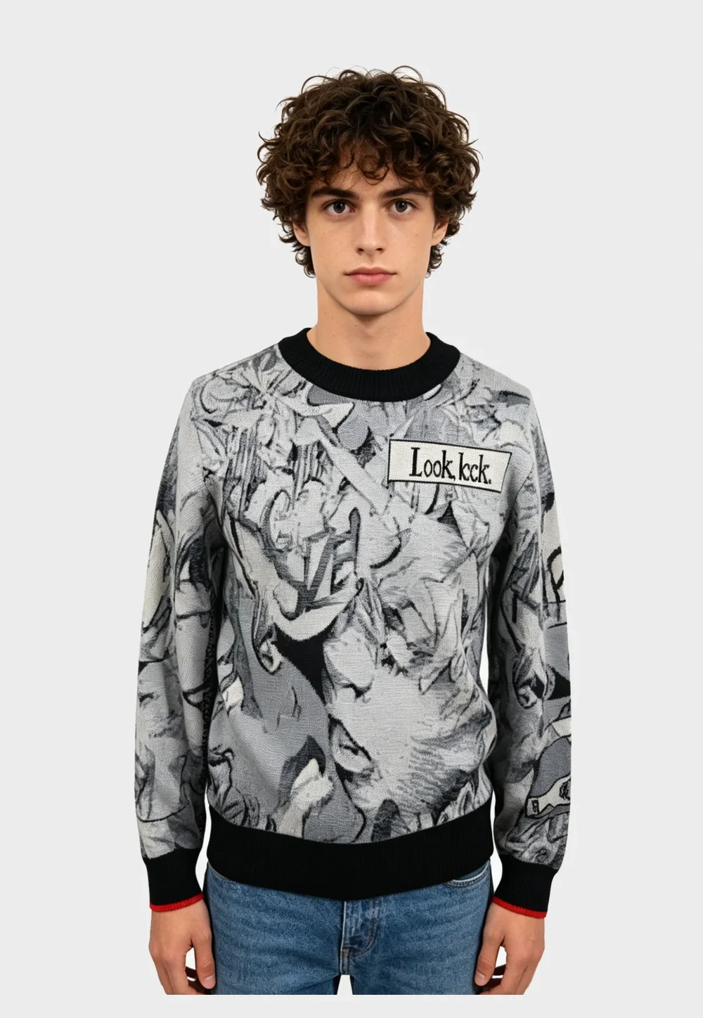 Black-White Graffiti "Look look" Graphic Knit Sweater