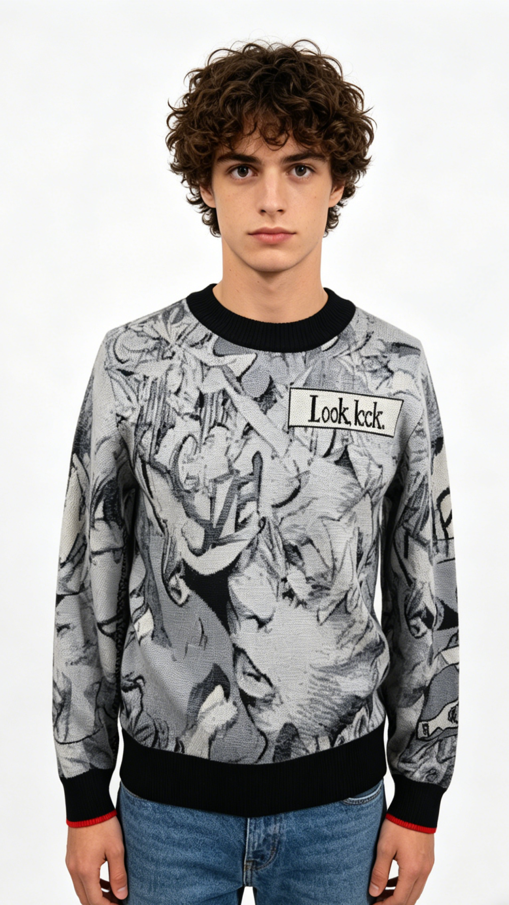 Black-White Graffiti "Look look" Graphic Knit Sweater