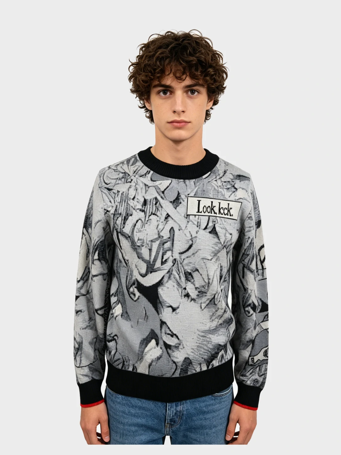 Black-White Graffiti "Look look" Graphic Knit Sweater 1 Black-White Graffiti "Look look" Graphic Knit Sweater