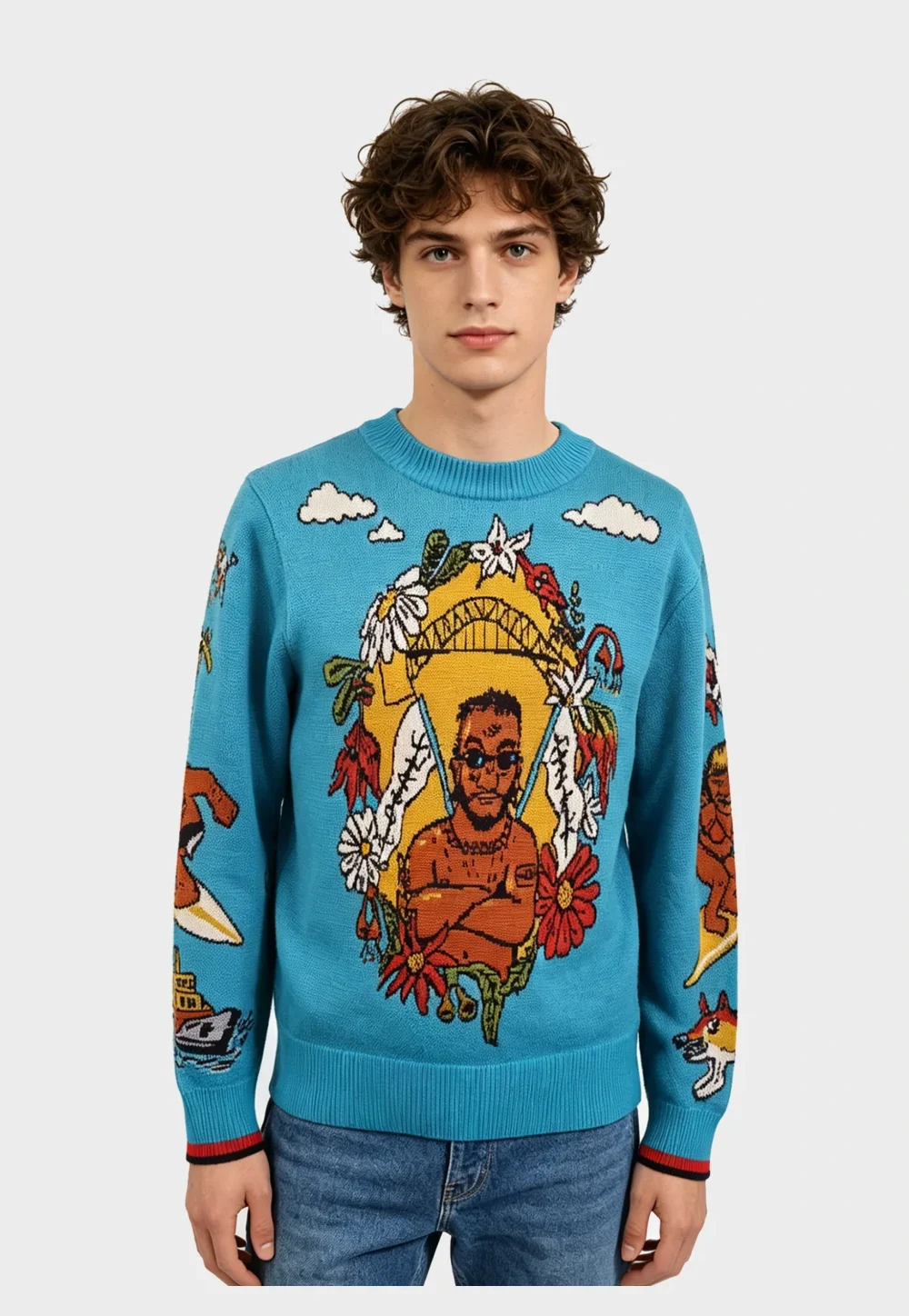 Man's Blue Hawaiian Surfer Portrait Knit Sweater