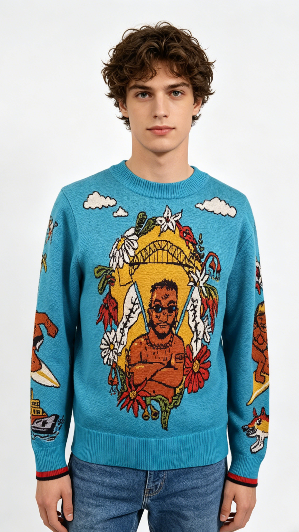 Blue Hawaiian Surfer Portrait Knit Sweater