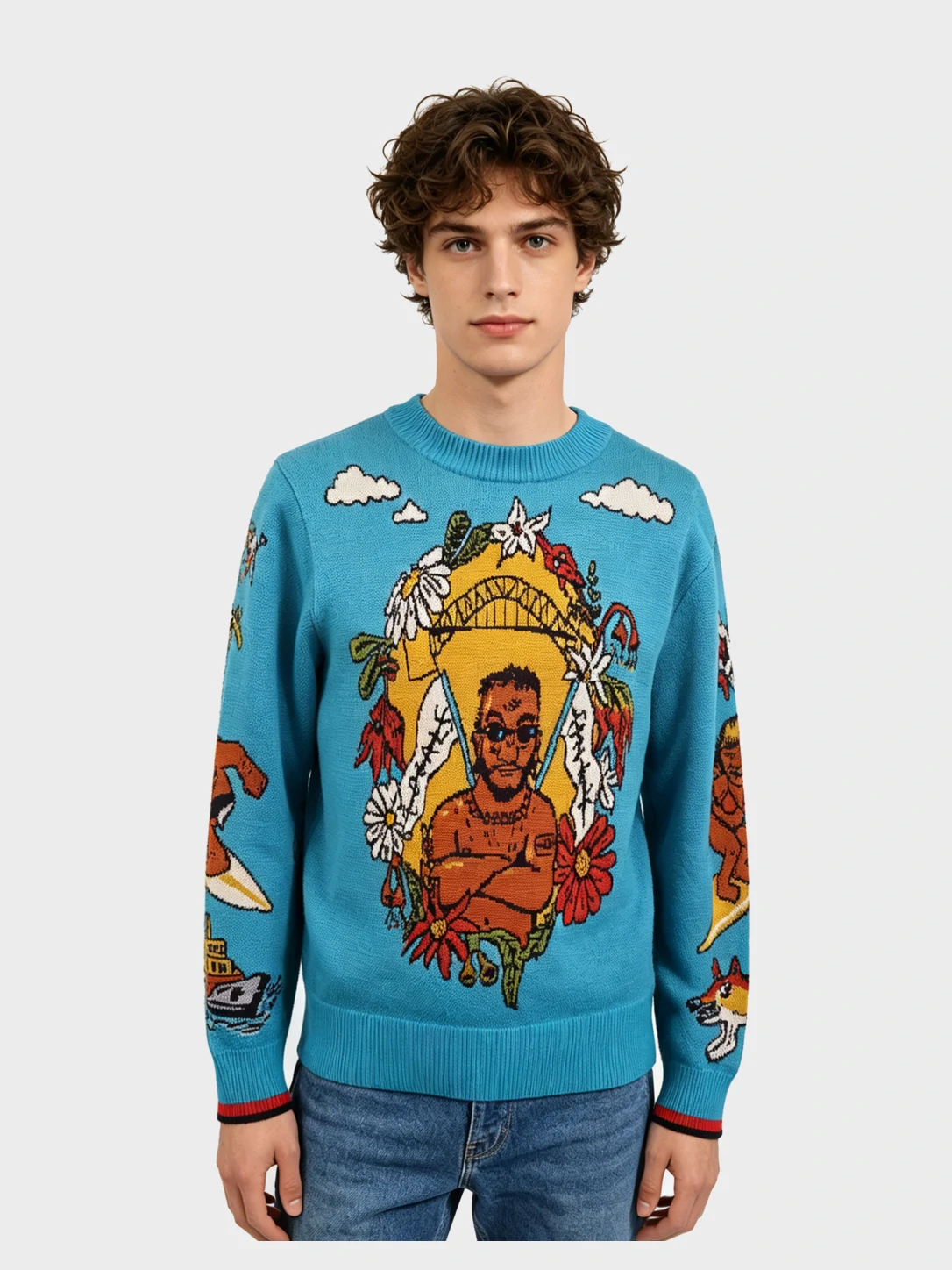 Man's Blue Hawaiian Surfer Portrait Knit Sweater 1 Man's Blue Hawaiian Surfer Portrait Knit Sweater