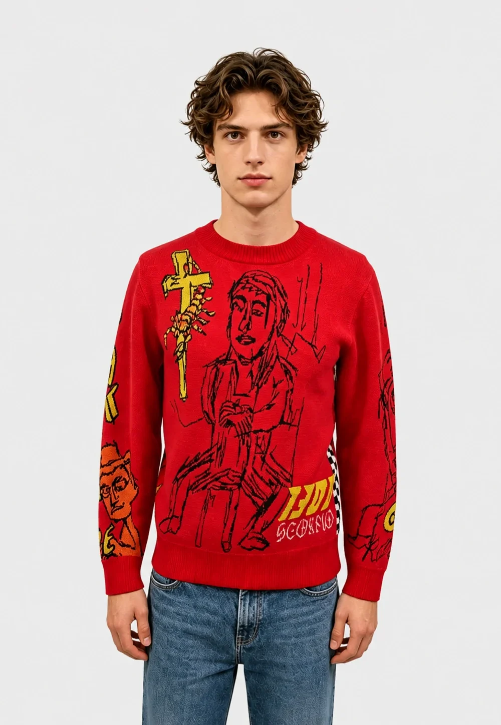 Red Religious Figure Graffiti Knit Sweater