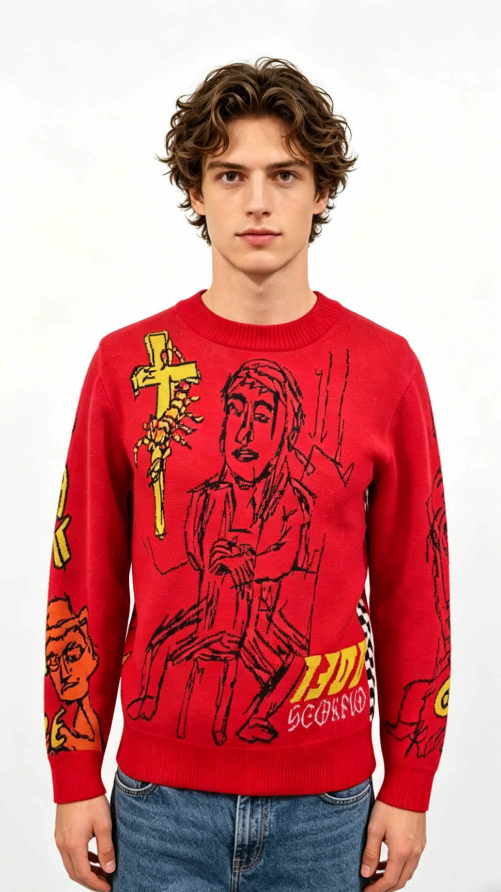 Red Religious Figure Graffiti Knit Sweater
