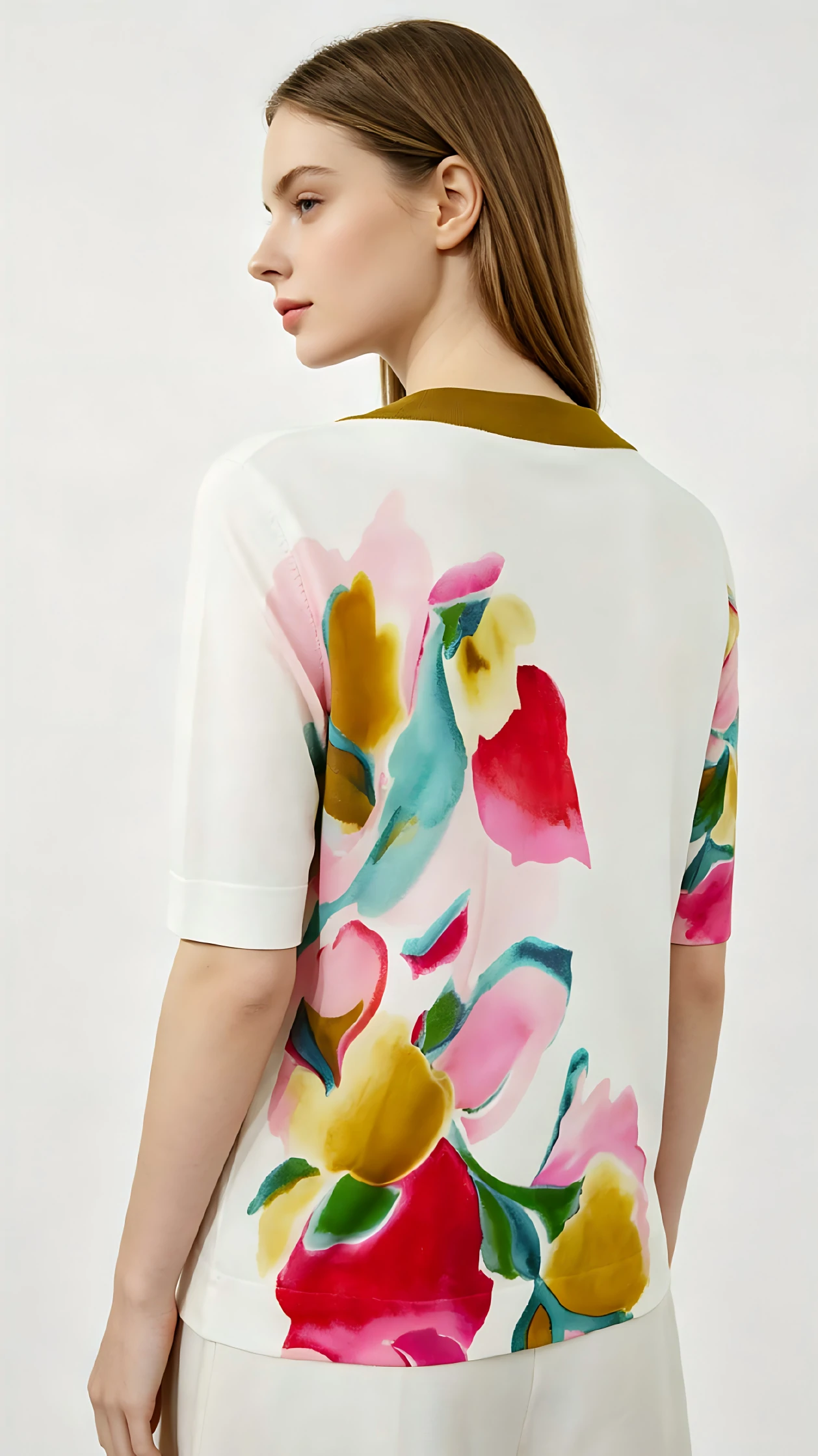 Watercolor Floral Print Round Neck 3/4 Sleeve Top 3 Watercolor Floral Print Round Neck 3/4 Sleeve Top - Image 3