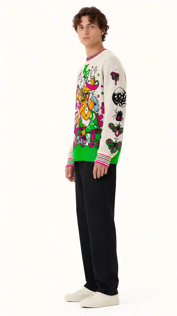 Whimsical Mushroom Cartoon Graphic Knit Sweater (2)