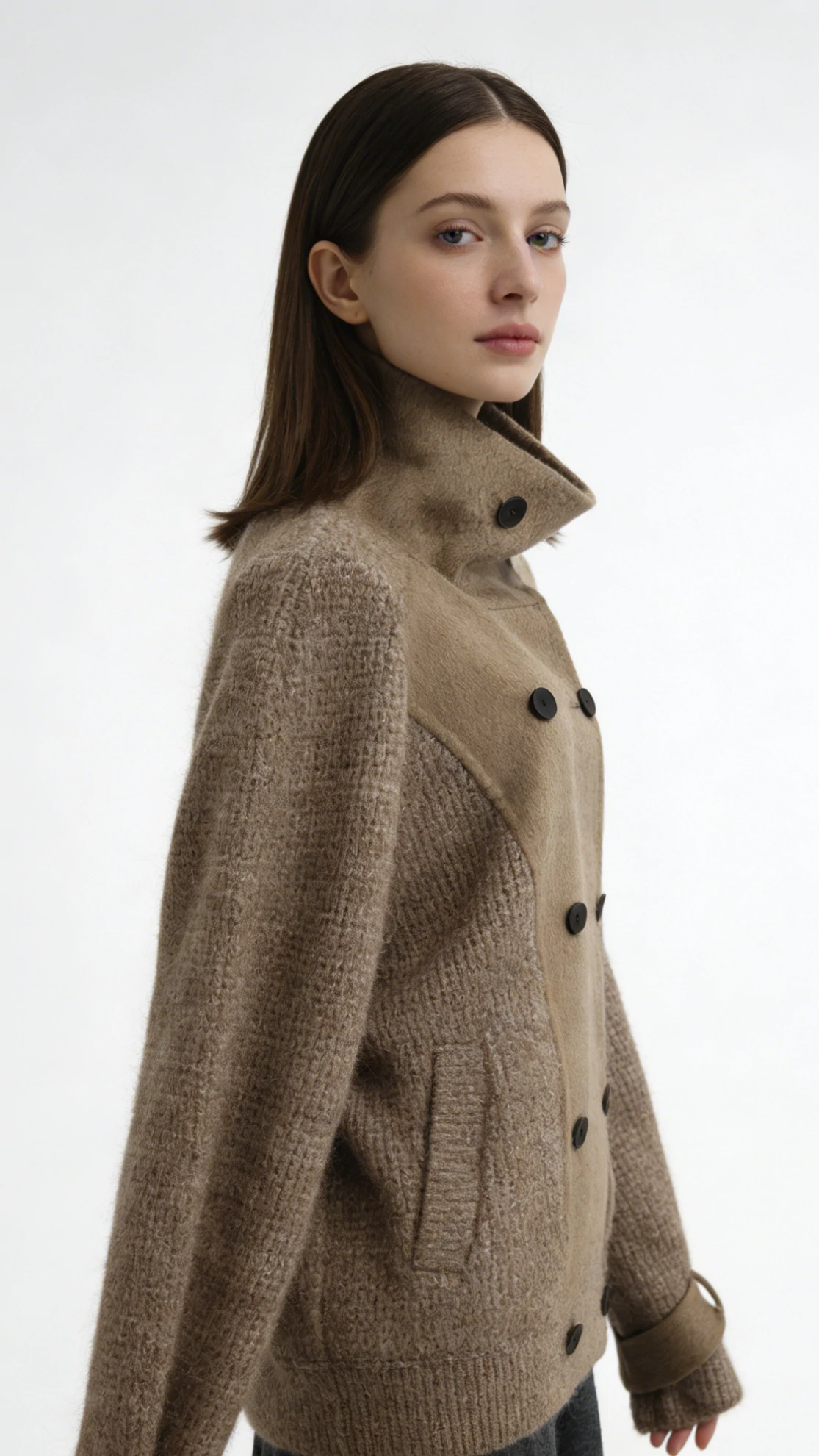 Wool Blend Double-breasted Contrast Panel Knit Jacket 2 Wool Blend Double-breasted Contrast Panel Knit Jacket - Image 2