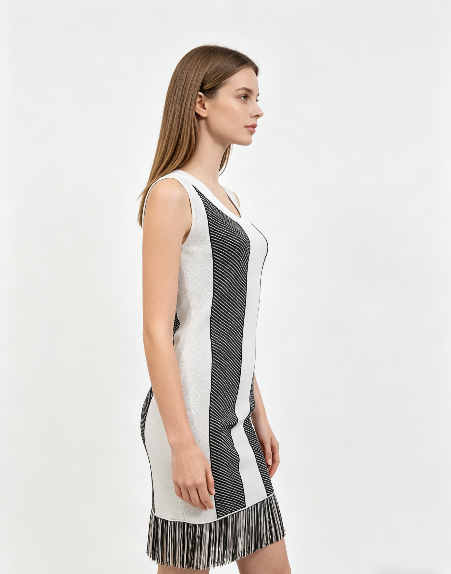 Black White Stripe Fringe Hem Sleeveless Knit Mini Dress - Image 2