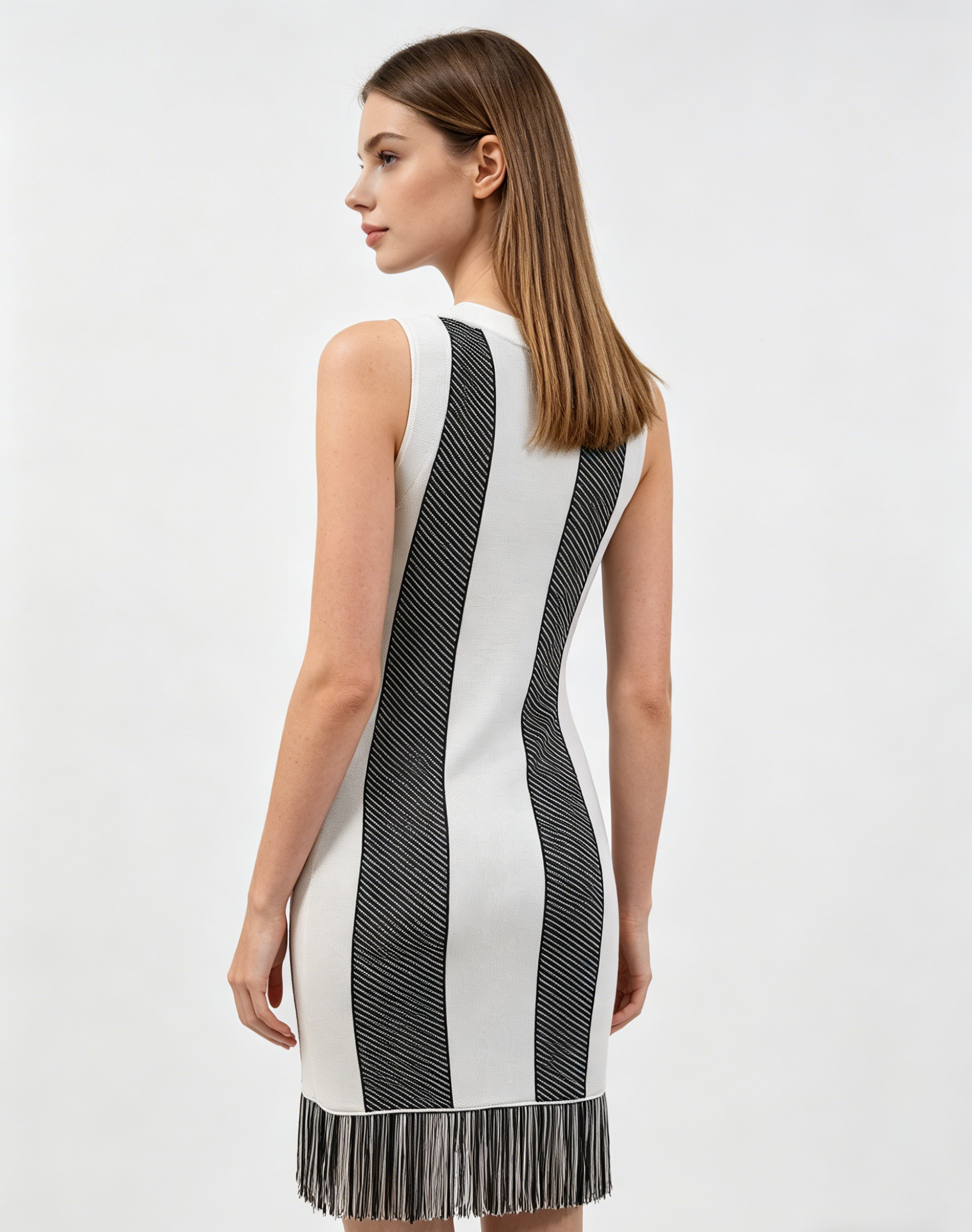 Black White Stripe Fringe Hem Sleeveless Knit Mini Dress - Image 3
