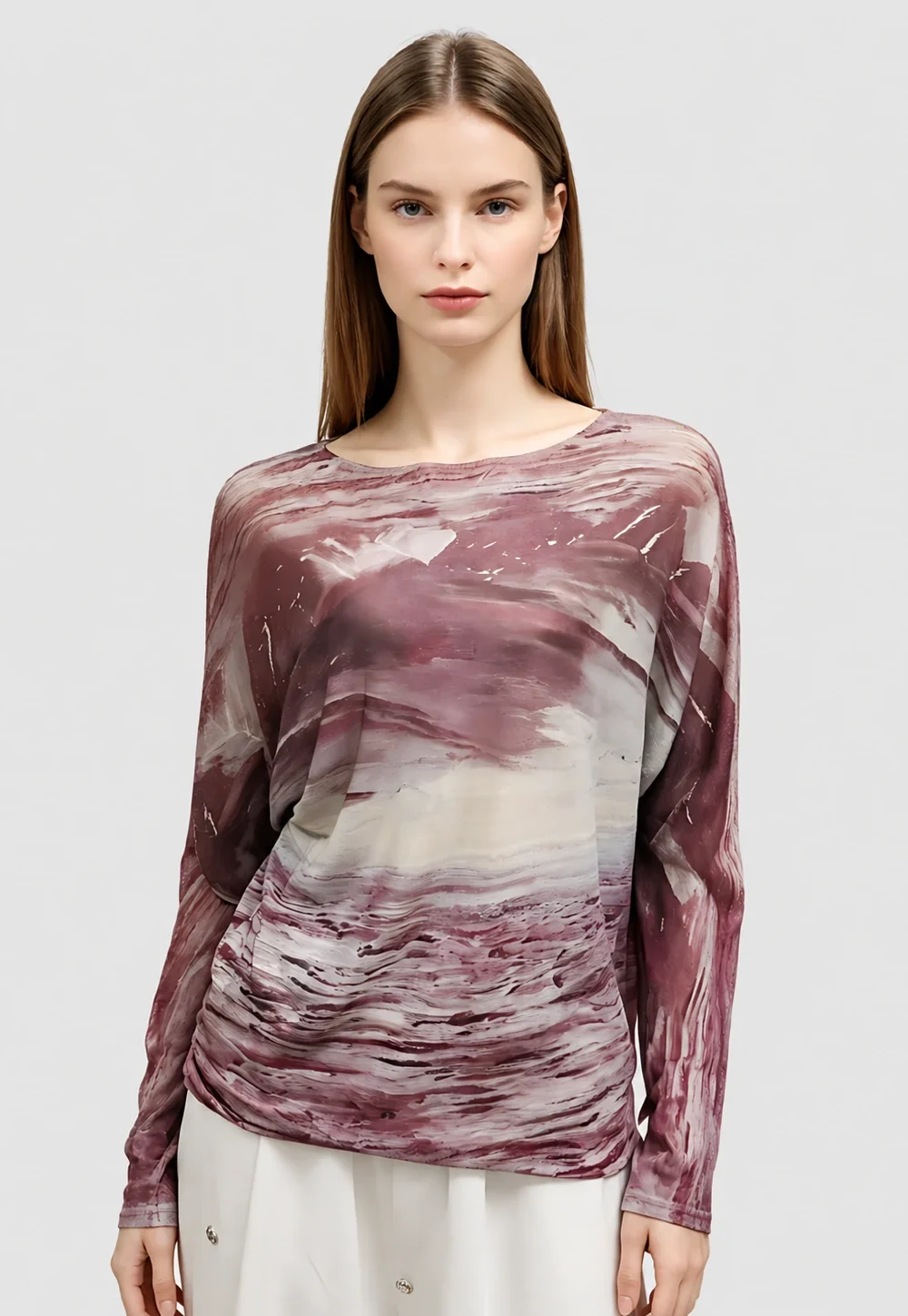 Burgundy Marble Print Batwing Long Sleeve Top