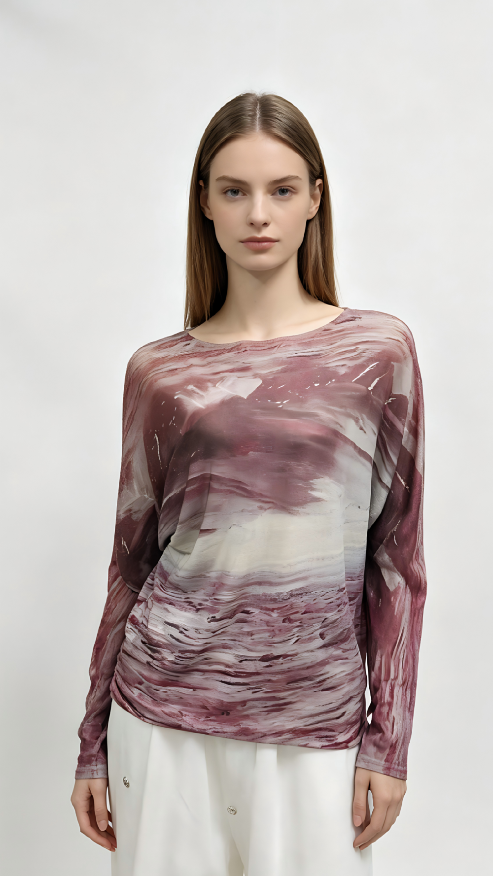 Burgundy Marble Print Batwing Long Sleeve Top